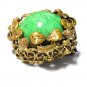 VINTAGE Signed Azub Austria Brasstone Green Peking Glass Cabochon Floral BROOCH