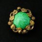 VINTAGE Signed Azub Austria Brasstone Green Peking Glass Cabochon Floral BROOCH