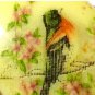 VINTAGE Small Goldtone Framed Cream/Red/Pink/Green Bird Transfer Printed BROOCH