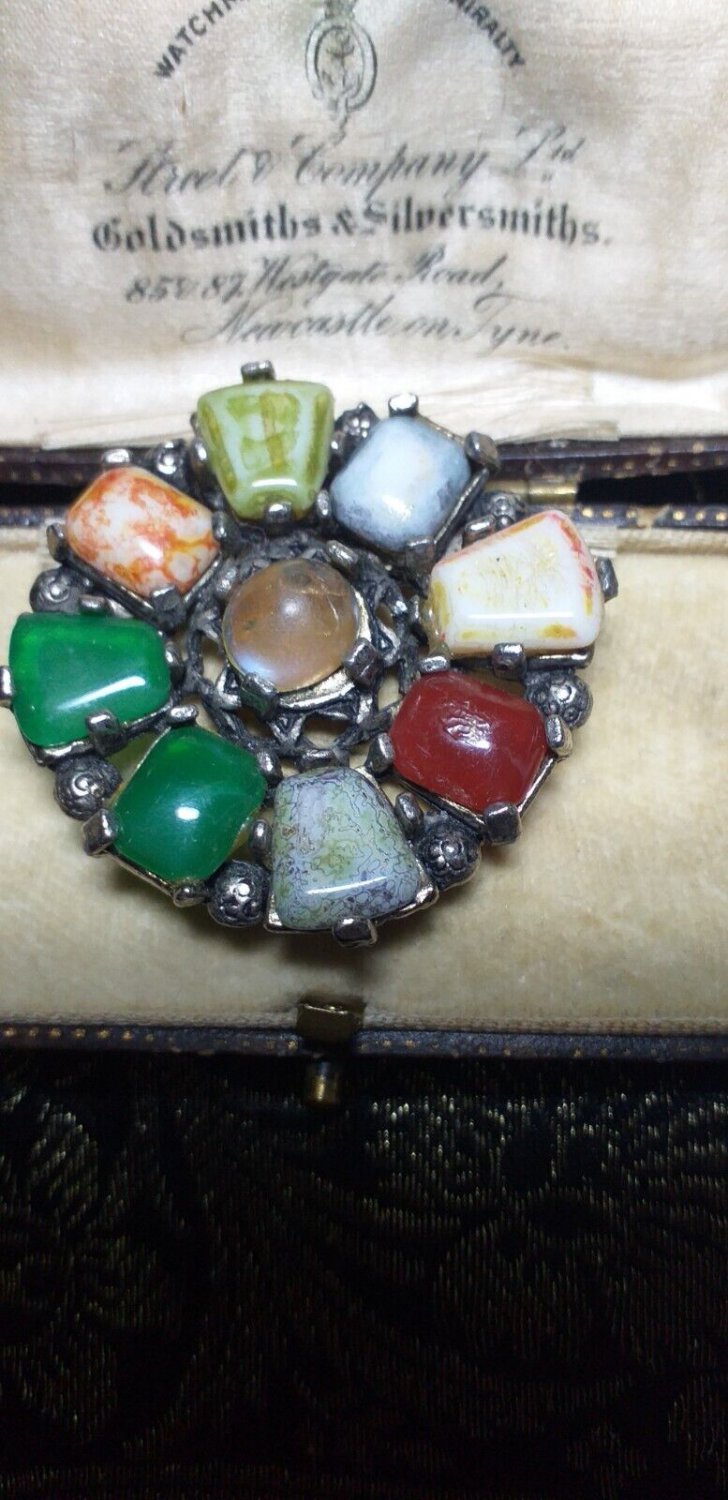 Vintage Scottish-Celtic Chunky Pewter Multicolor Stones Beautiful Brooch.