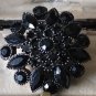 Vintage 1980-s Mourning Black Navette Faceted Crystal Cluster Brooch.