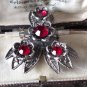 Vintage Pewter Deep Red Large Rhinestone Floral Brooch Very Unusual and Pretty