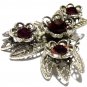 Vintage Pewter Deep Red Large Rhinestone Floral Brooch Very Unusual and Pretty