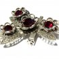 Vintage Pewter Deep Red Large Rhinestone Floral Brooch Very Unusual and Pretty