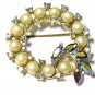 Vintage Large Signed Hollywood  Goldtone  Pearl & A/B Rhinestone Wreath BROOCH.