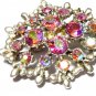 VINTAGE 1990-s Oval Silvertone Pink Aurora Borealis Rhinestone Cluster BROOCH.