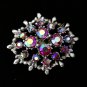 VINTAGE 1990-s Oval Silvertone Pink Aurora Borealis Rhinestone Cluster BROOCH.
