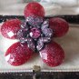 VINTAGE 1980-s Red/Pink Glitter Glass & Pink Crystal Stone Layered Floral Brooch