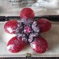 VINTAGE 1980-s Red/Pink Glitter Glass & Pink Crystal Stone Layered Floral Brooch