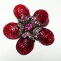 VINTAGE 1980-s Red/Pink Glitter Glass & Pink Crystal Stone Layered Floral Brooch