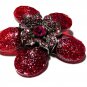VINTAGE 1980-s Red/Pink Glitter Glass & Pink Crystal Stone Layered Floral Brooch