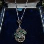 Antique Vintage 1920-s 925 Silver Emeralds Marcasite Pendant on 16 inch Chain.