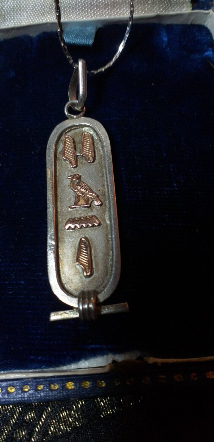 Antique Vintage 1900-s Egyptian Solid Silver 9 ct Gold Pendant on 16 inch Chain