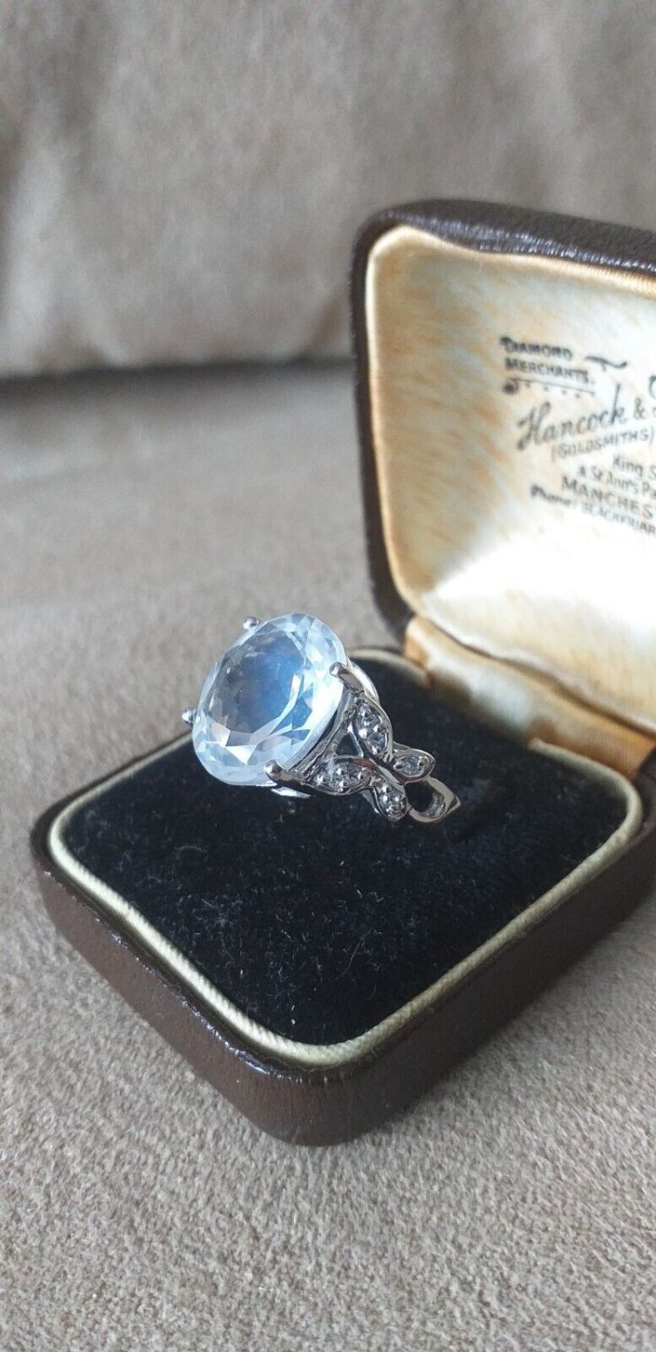 Vintage 1970-s Sterling Silver Very Large Clear Topaz Ring  Size US 8, UK Q