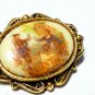 VINTAGE Small Goldtone Framed Glass Printed Fragonard Courting Couple BROOCH.