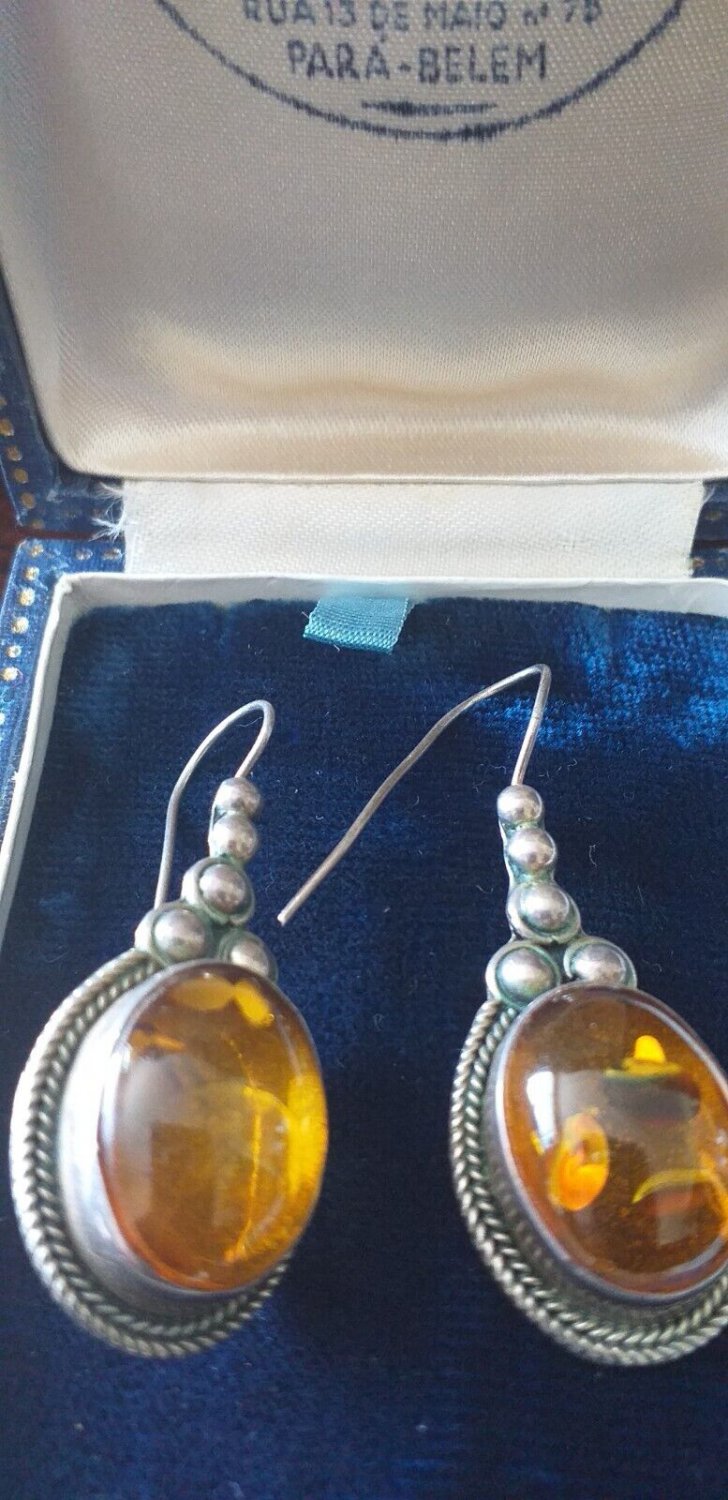 Victorian Antique Vintage Sterling Silver Large Baltic Amber Earrings - Heavy!