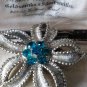 VINTAGE 1960-s Irish Pale Goldtone Turquoise Rhinestone Textured Flower BROOCH