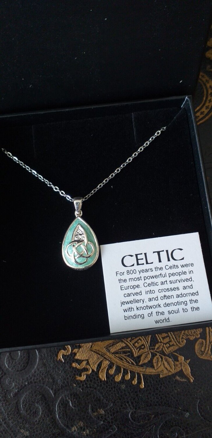 Vintage Celtic Knot Silver Pendant on Chain with Green Enamel in Original Box