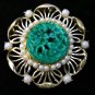 VINTAGE Rare Signed Exquisite Pearl & Pressed Floral Green/Peking Glass BROOCH