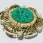 VINTAGE Rare Signed Exquisite Pearl & Pressed Floral Green/Peking Glass BROOCH