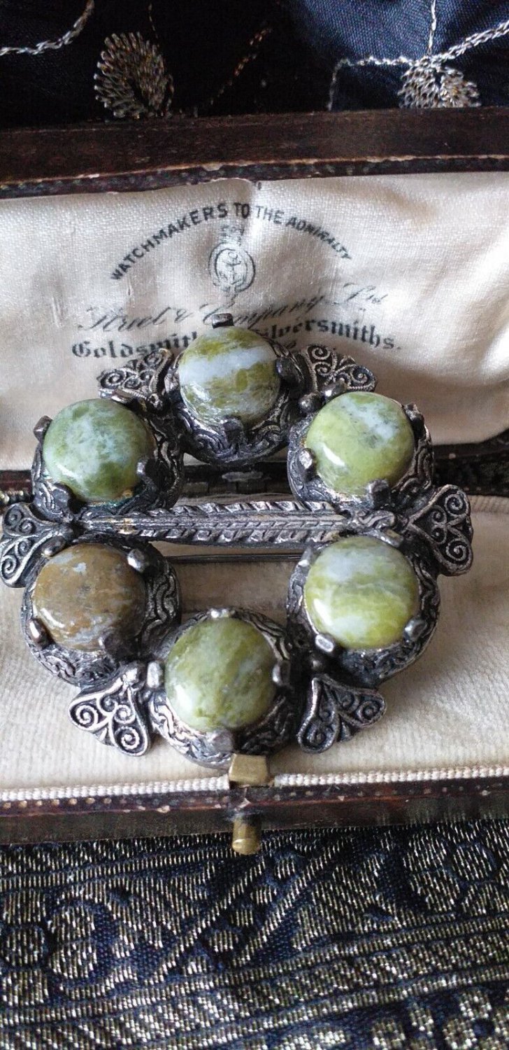 Vintage Large Signed Sol D'or Celtic Chunky Pewter Green Hardstone Brooch.
