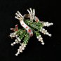 VINTAGE Exquisite Signed Goldtone Green/White/Red Enamel Lucky Heather BROOCH