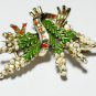 VINTAGE Exquisite Signed Goldtone Green/White/Red Enamel Lucky Heather BROOCH