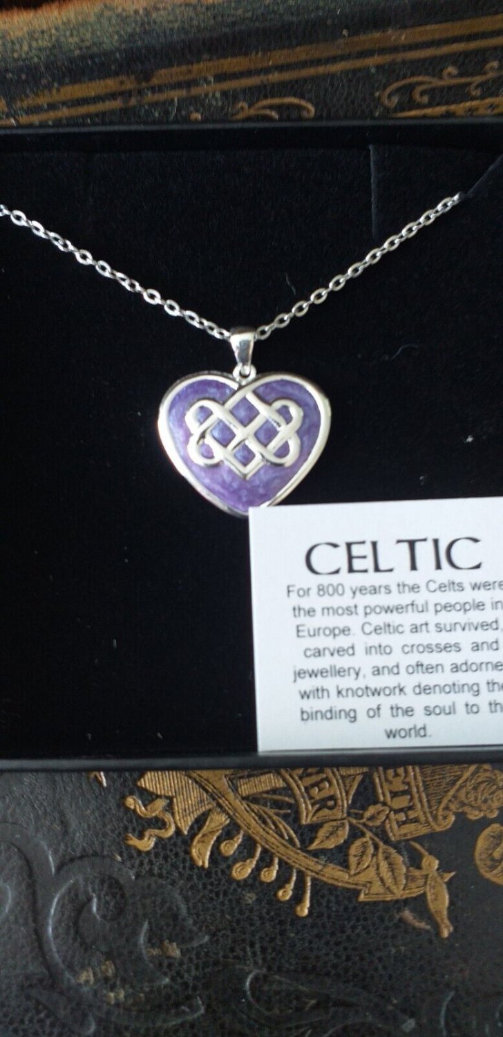 Vintage Celtic Knot Silver Pendant on Chain with Purple Enamel in Original Box