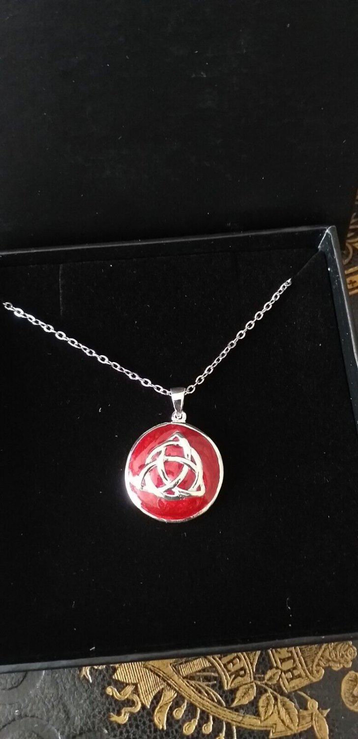Vintage Celtic Trinity Knot Silver Pendant on Chain with Red Enamel in Box