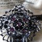 VINTAGE Pewter Black & Purple Crystal Stone Ornate Openwork BROOCH