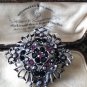 VINTAGE Pewter Black & Purple Crystal Stone Ornate Openwork BROOCH