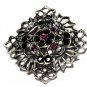 VINTAGE Pewter Black & Purple Crystal Stone Ornate Openwork BROOCH