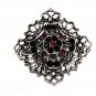 VINTAGE Pewter Black & Purple Crystal Stone Ornate Openwork BROOCH