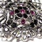 VINTAGE Pewter Black & Purple Crystal Stone Ornate Openwork BROOCH