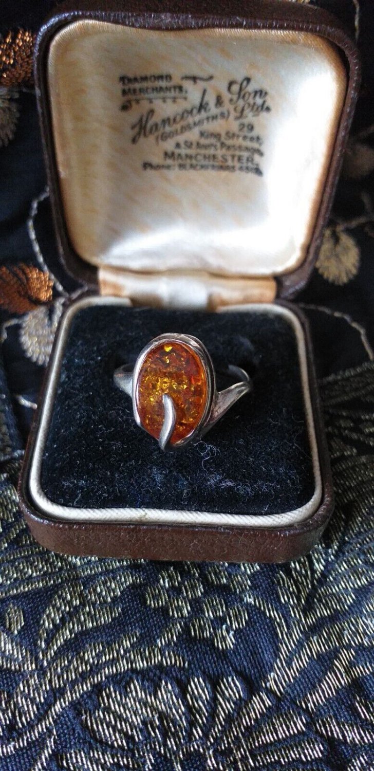 Vintage 1950-s Sterling Silver Amber Ring UK N, US 7 3/4 - Beautiful Design!