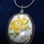 Antique Vintage 1950-s Ceramic White Lemon Floral Pendant 20 Inch Modern Chain