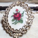 Vintage 1980-s Handmade Framed Red/Green Point/Embroidery Floral BROOCH