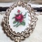 Vintage 1980-s Handmade Framed Red/Green Point/Embroidery Floral BROOCH