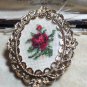 Vintage 1980-s Handmade Framed Red/Green Point/Embroidery Floral BROOCH