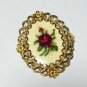 Vintage 1980-s Handmade Framed Red/Green Point/Embroidery Floral BROOCH