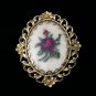Vintage 1980-s Handmade Framed Red/Green Point/Embroidery Floral BROOCH