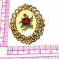 Vintage 1980-s Handmade Framed Red/Green Point/Embroidery Floral BROOCH