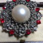 VINTAGE Pewter Ornate Scroll Frame Red Rhinestone & Faux Pearl Cabochon BROOCH