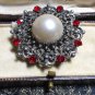 VINTAGE Pewter Ornate Scroll Frame Red Rhinestone & Faux Pearl Cabochon BROOCH