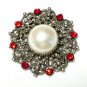 VINTAGE Pewter Ornate Scroll Frame Red Rhinestone & Faux Pearl Cabochon BROOCH