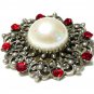 VINTAGE Pewter Ornate Scroll Frame Red Rhinestone & Faux Pearl Cabochon BROOCH