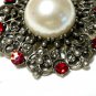 VINTAGE Pewter Ornate Scroll Frame Red Rhinestone & Faux Pearl Cabochon BROOCH