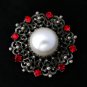 VINTAGE Pewter Ornate Scroll Frame Red Rhinestone & Faux Pearl Cabochon BROOCH