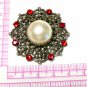 VINTAGE Pewter Ornate Scroll Frame Red Rhinestone & Faux Pearl Cabochon BROOCH