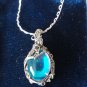 Vintage 1970-s Sterling Silver Beautiful Blue Glass Stone Necklace on Chain.